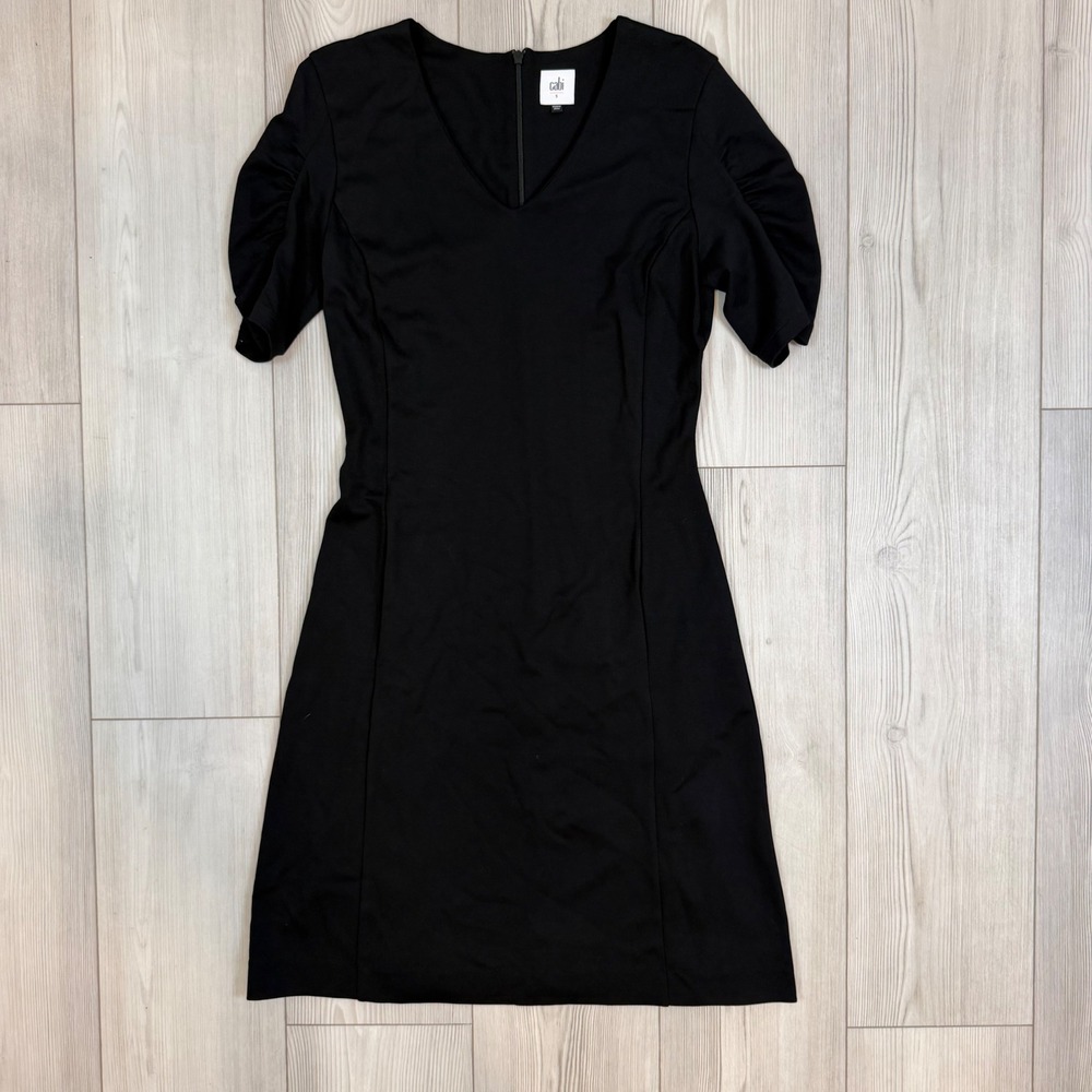 Cabi 3827 Little Black Dress Black V-Neck Ruched Puff Sleeve Sheath Dress Small
